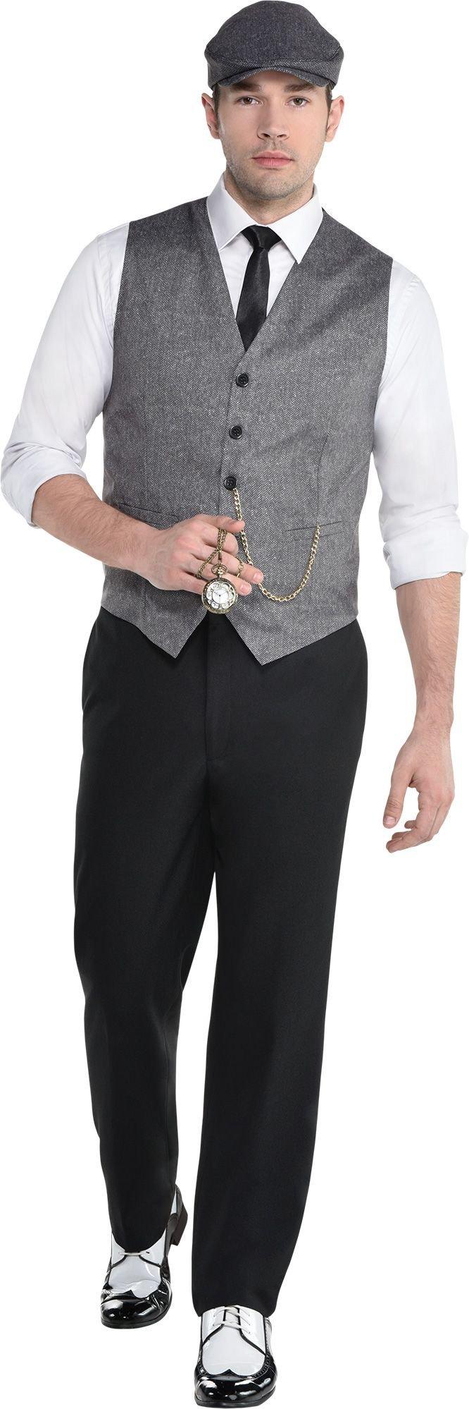 grey vest black pants