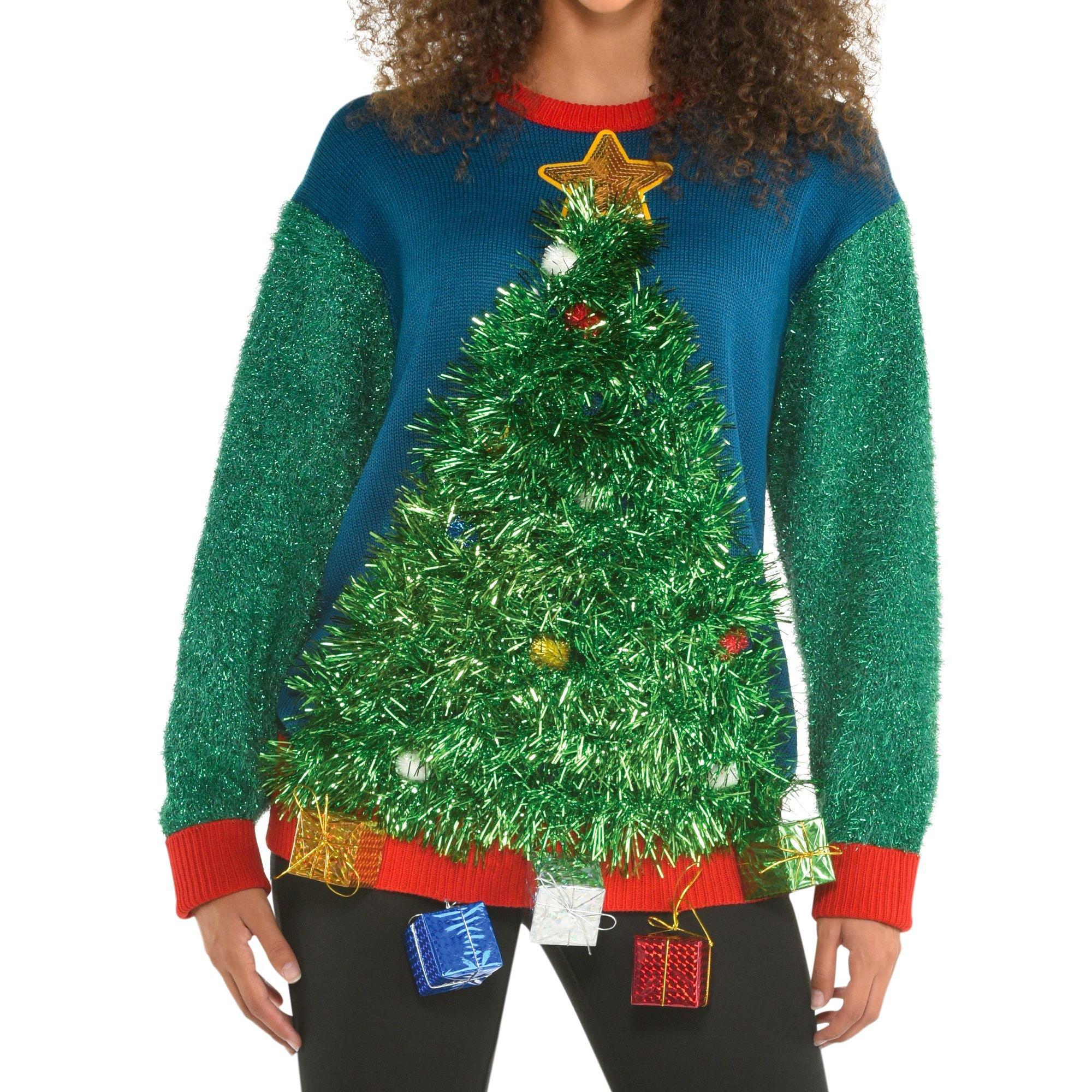 Monica trolleybus Omzet 3D Tinsel Tree Ugly Christmas Sweater for Adults | Party City