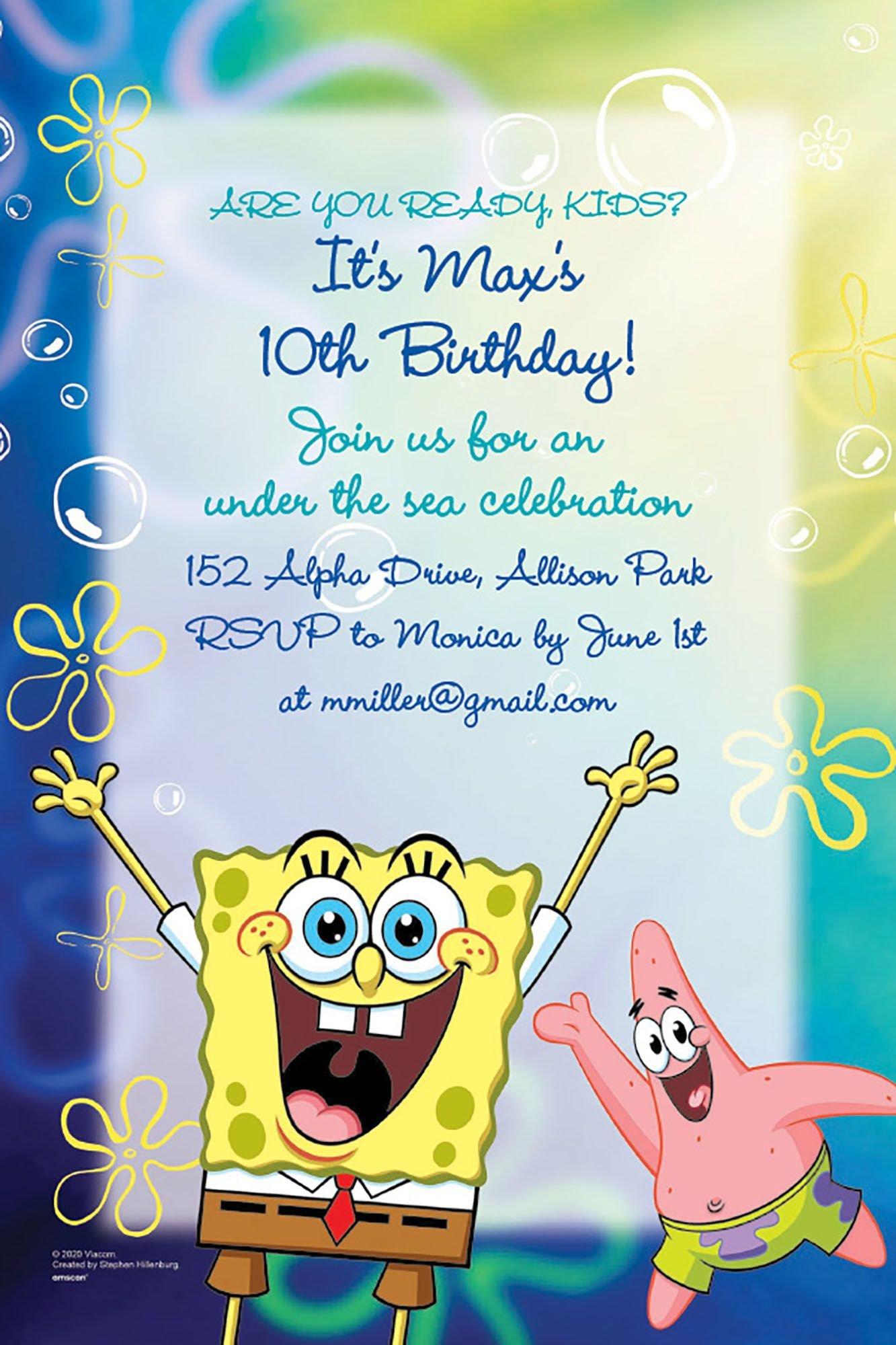 Party City Custom Spongebob SquarePants Invitations Size 4in x 6in Birthday Party