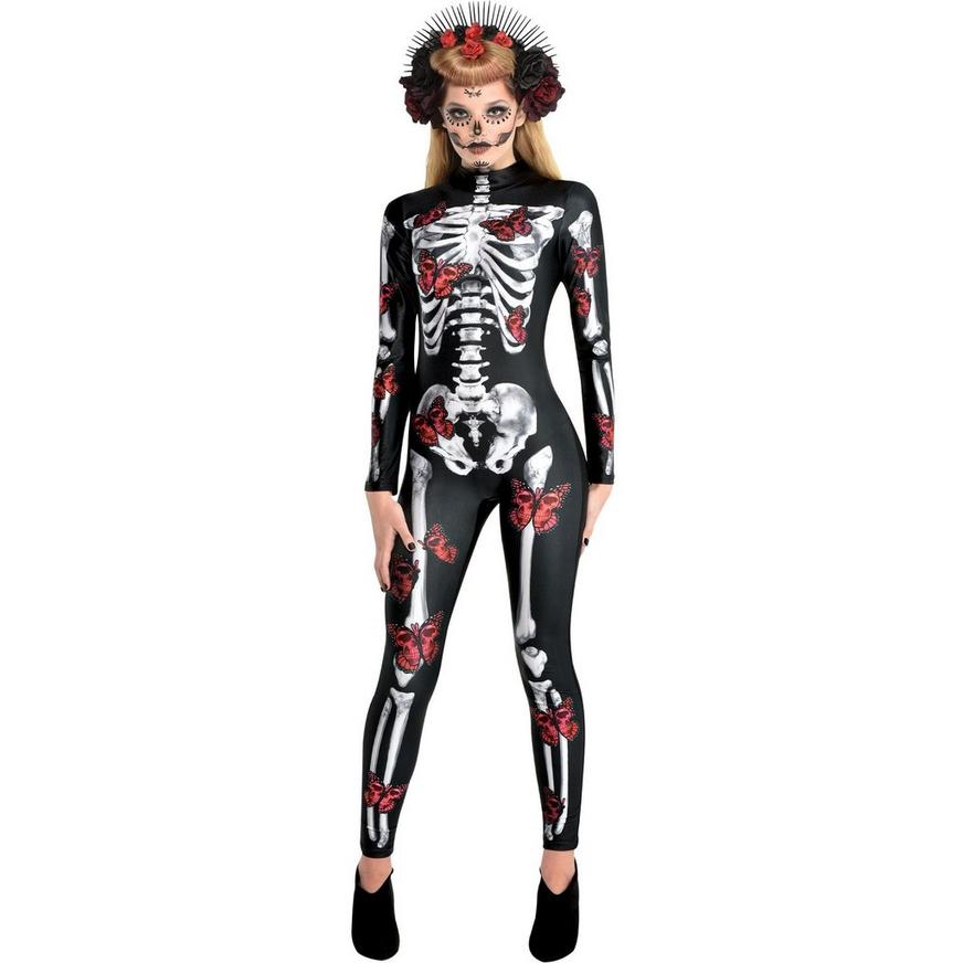 Black & Red Skeleton Catsuit with Butterflies for Adults - Day of the Dead