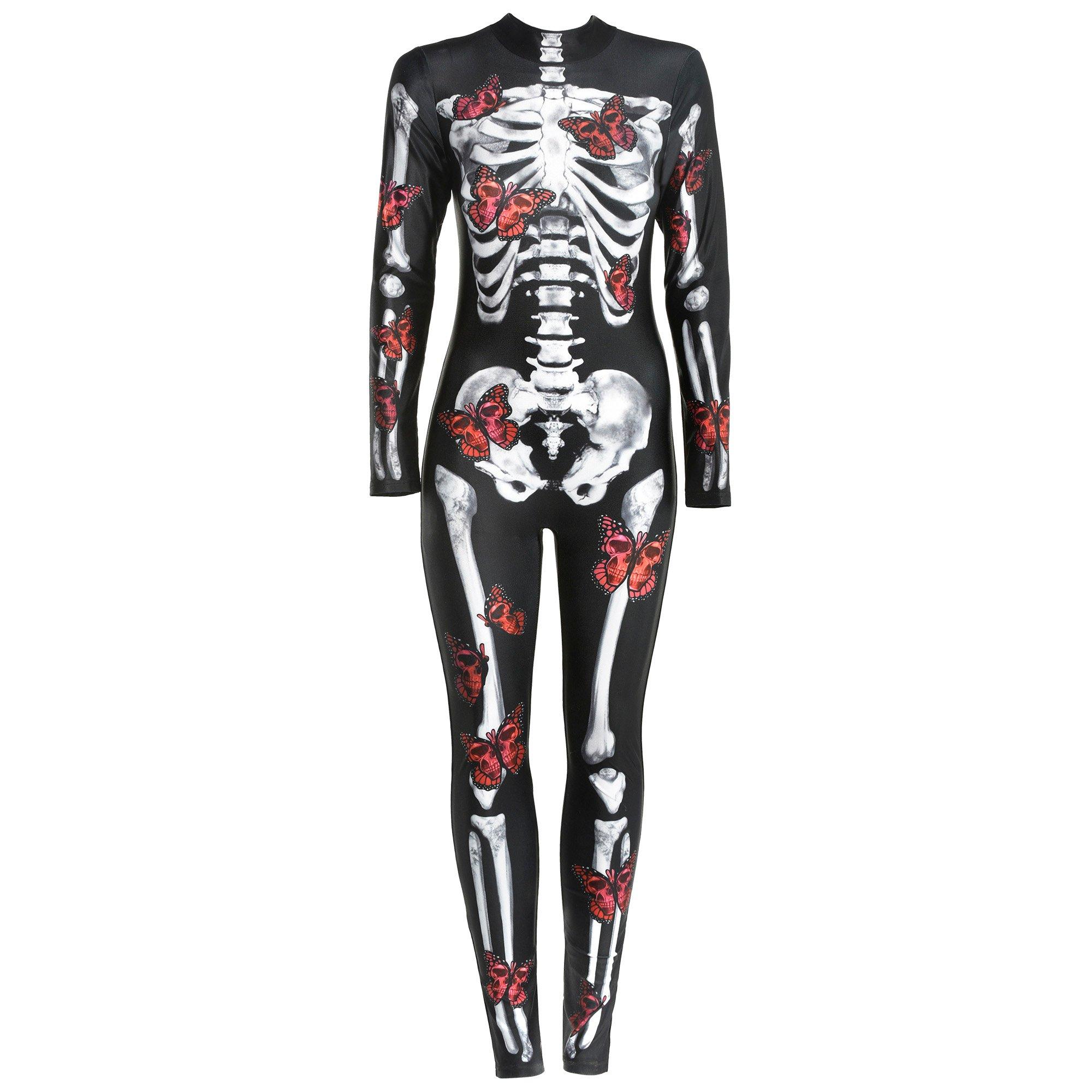 Black & Red Skeleton Catsuit with Butterflies for Adults - Day of the Dead