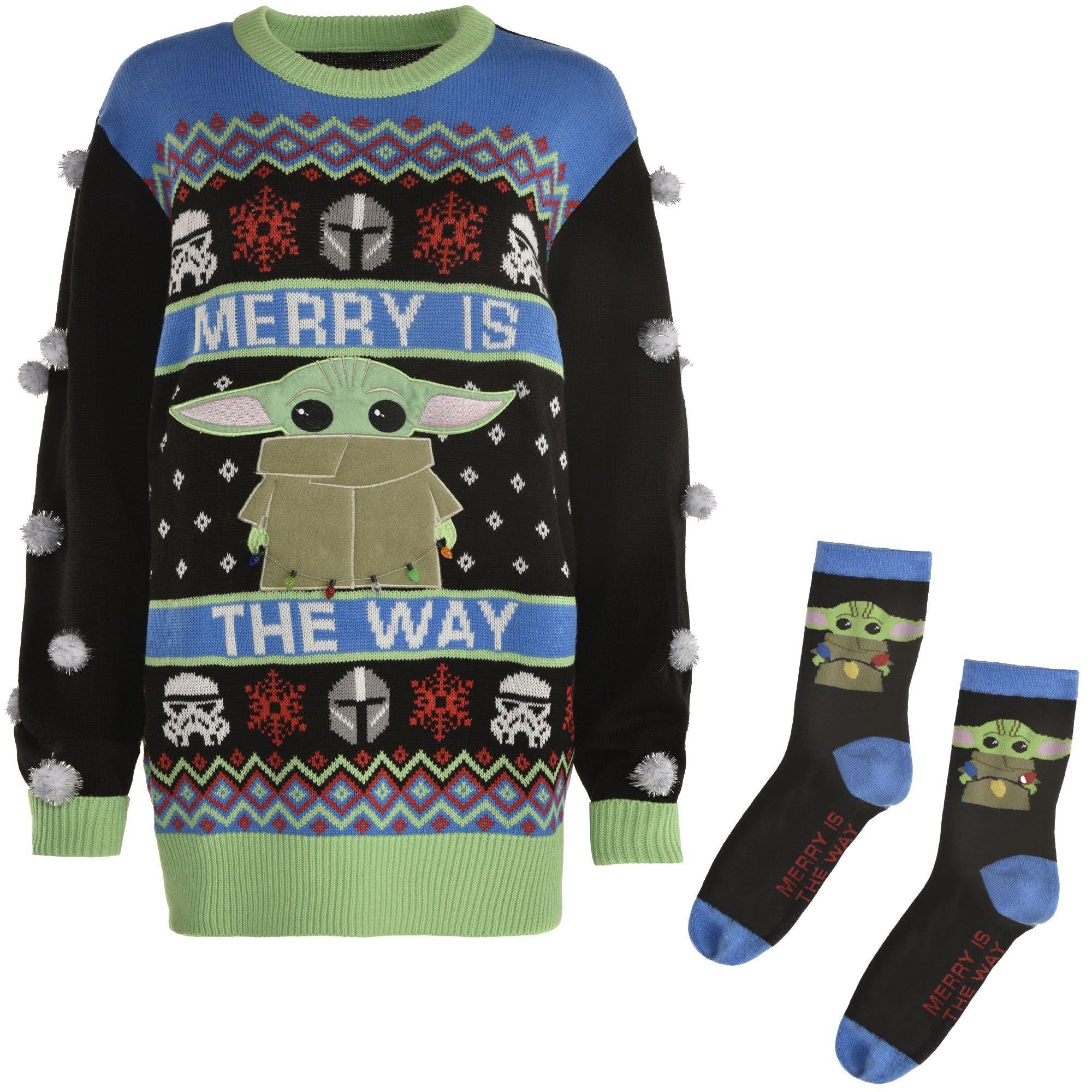 Adult The Child Ugly Christmas Sweater with Socks - Star Wars Mandalorian | Party City