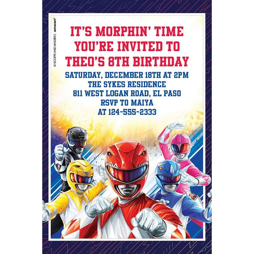 Custom Power Rangers Cardstock Invitations