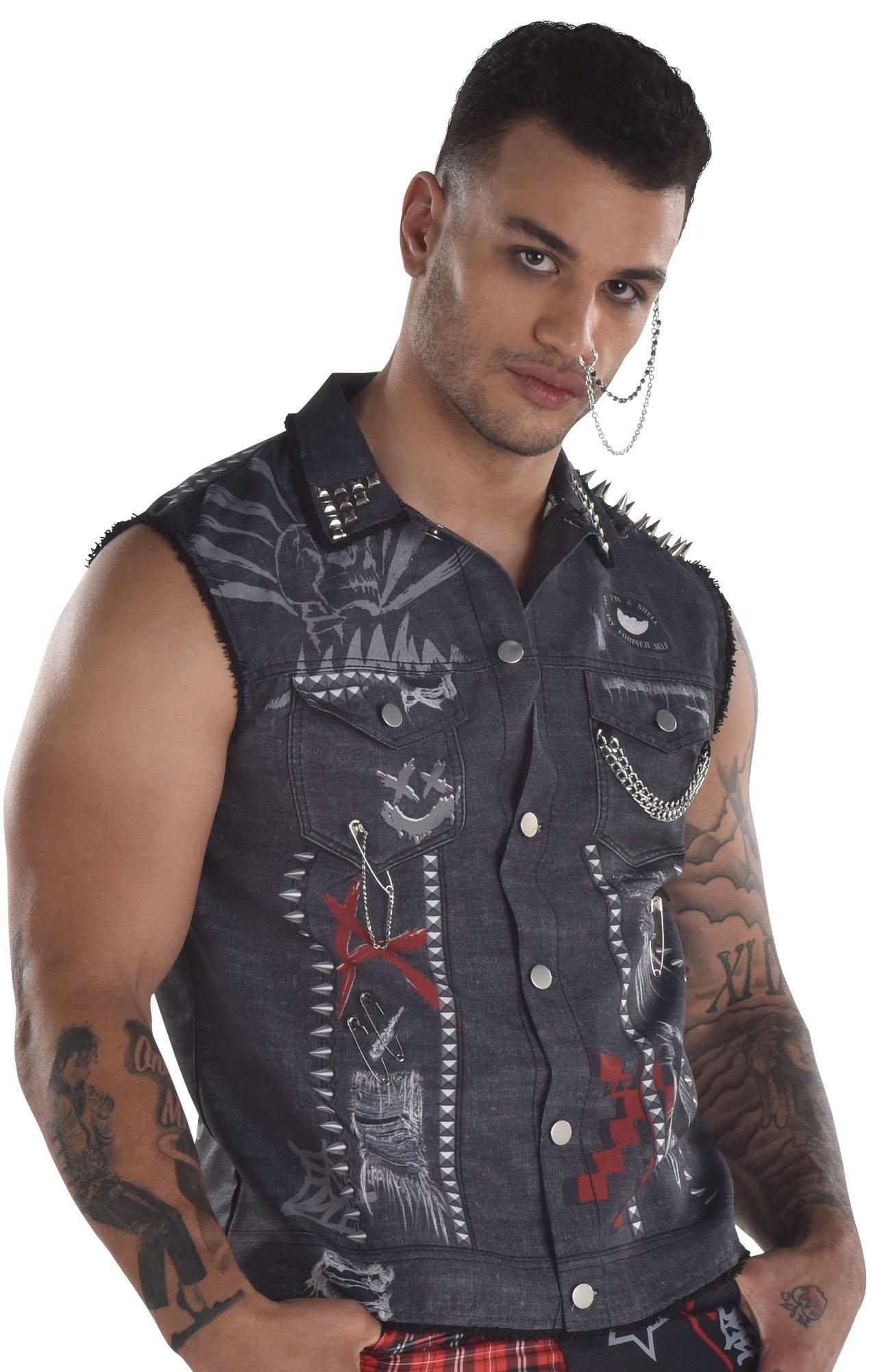 Adult Gray Distressed Studded Chambray Vest - Punk | Party City