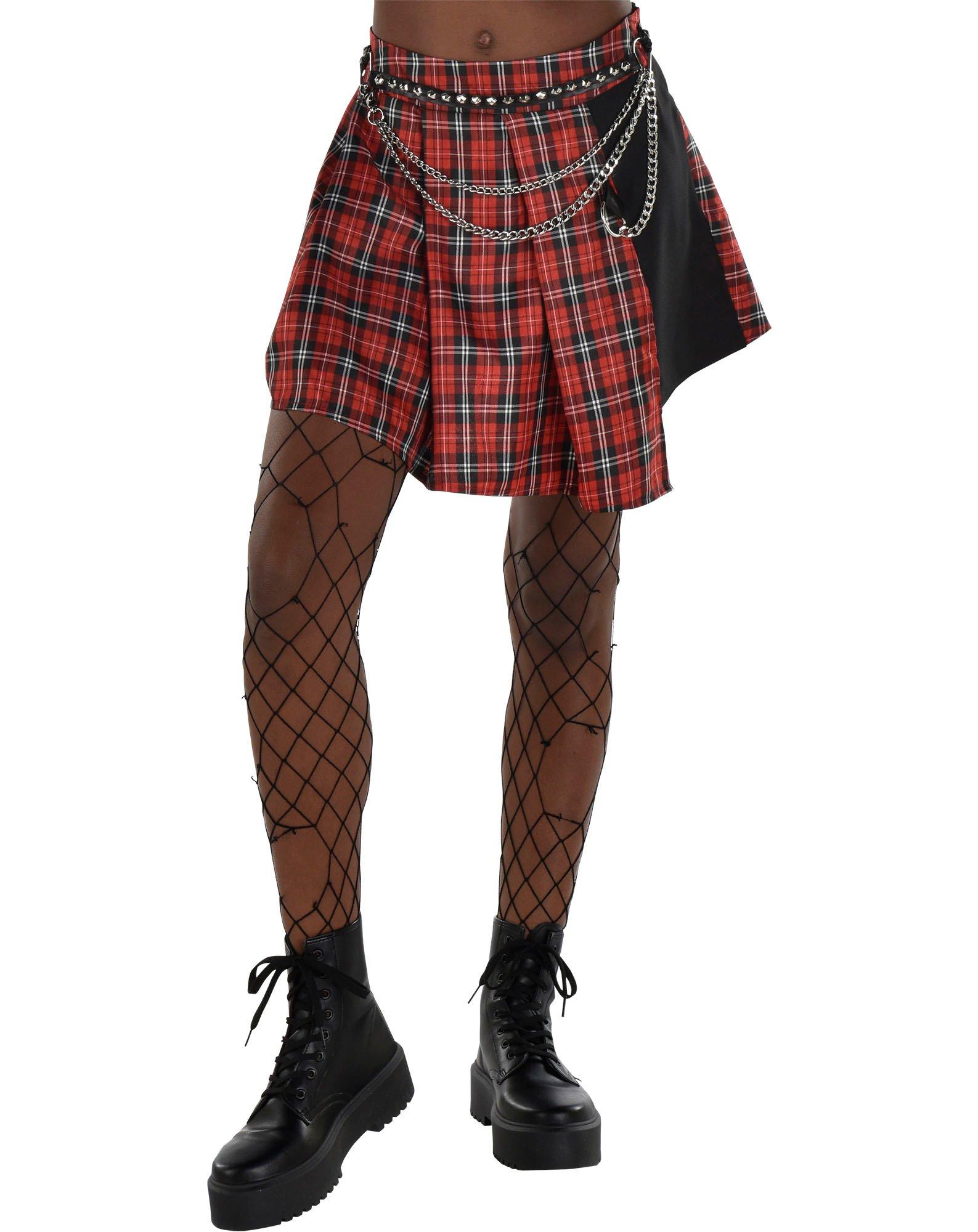 Adult Red Plaid Pleated Skirt with Chain Belt - Punk