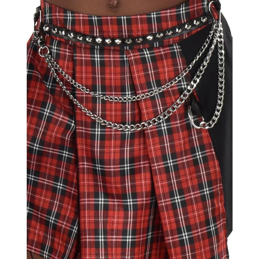 Adult Red Plaid Pleated Skirt with Chain Belt - Punk