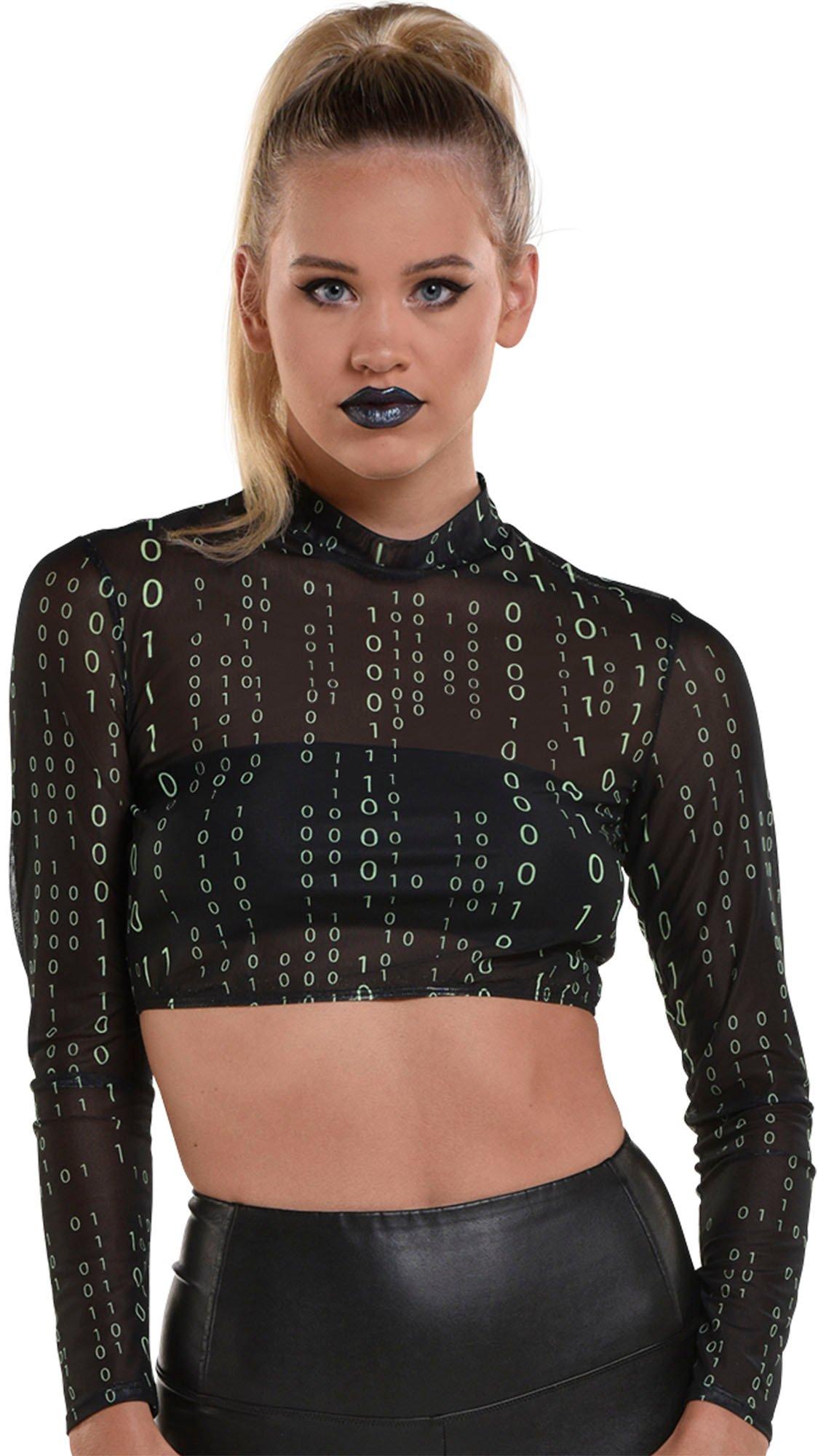 Adult Sheer Black Binary-Print Mock Neck Cropped Mesh Long Sleeve Top -  Cyberpunk