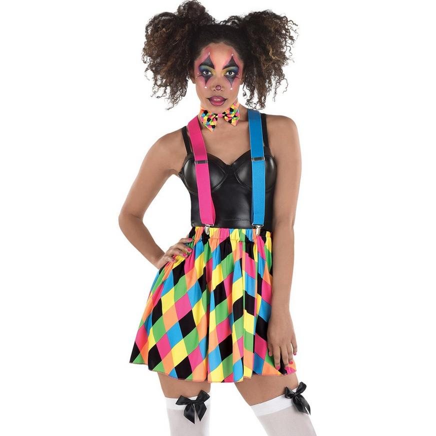 Adult Neon Harlequin Skirt with Suspenders & Bow Tie - Skater Clown