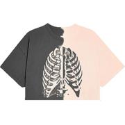 Adult Washed Gray & Cream Skeleton Rib Split Cropped T-Shirt