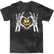Adult Acid Wash Black Skeleton Hand Heart Jack-o'-Lantern T-Shirt