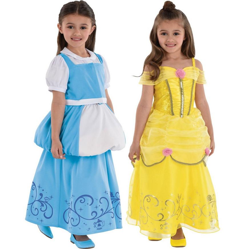 Girl wearing Beauty and the Beast's Belle's tranforming costume in blue and gold