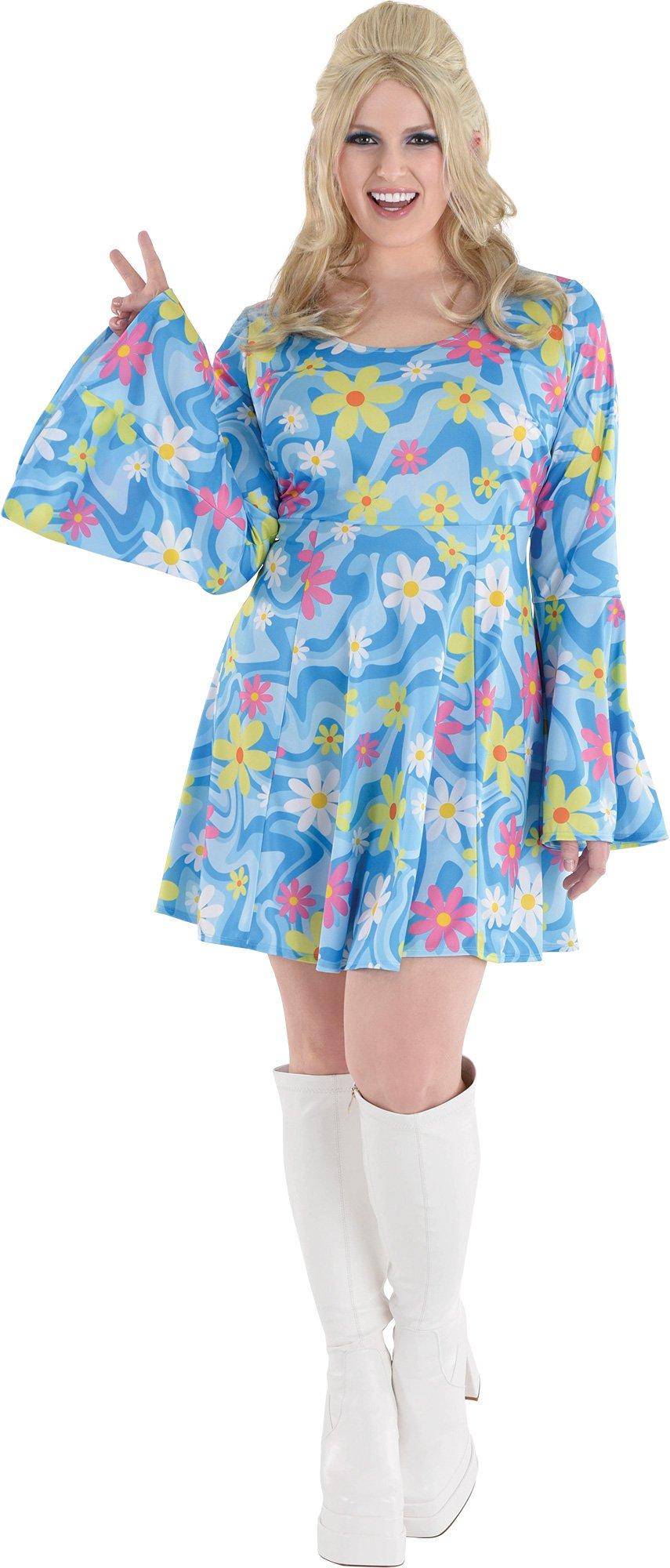 Adult 60s Flower Print Plus Size Mini Dress