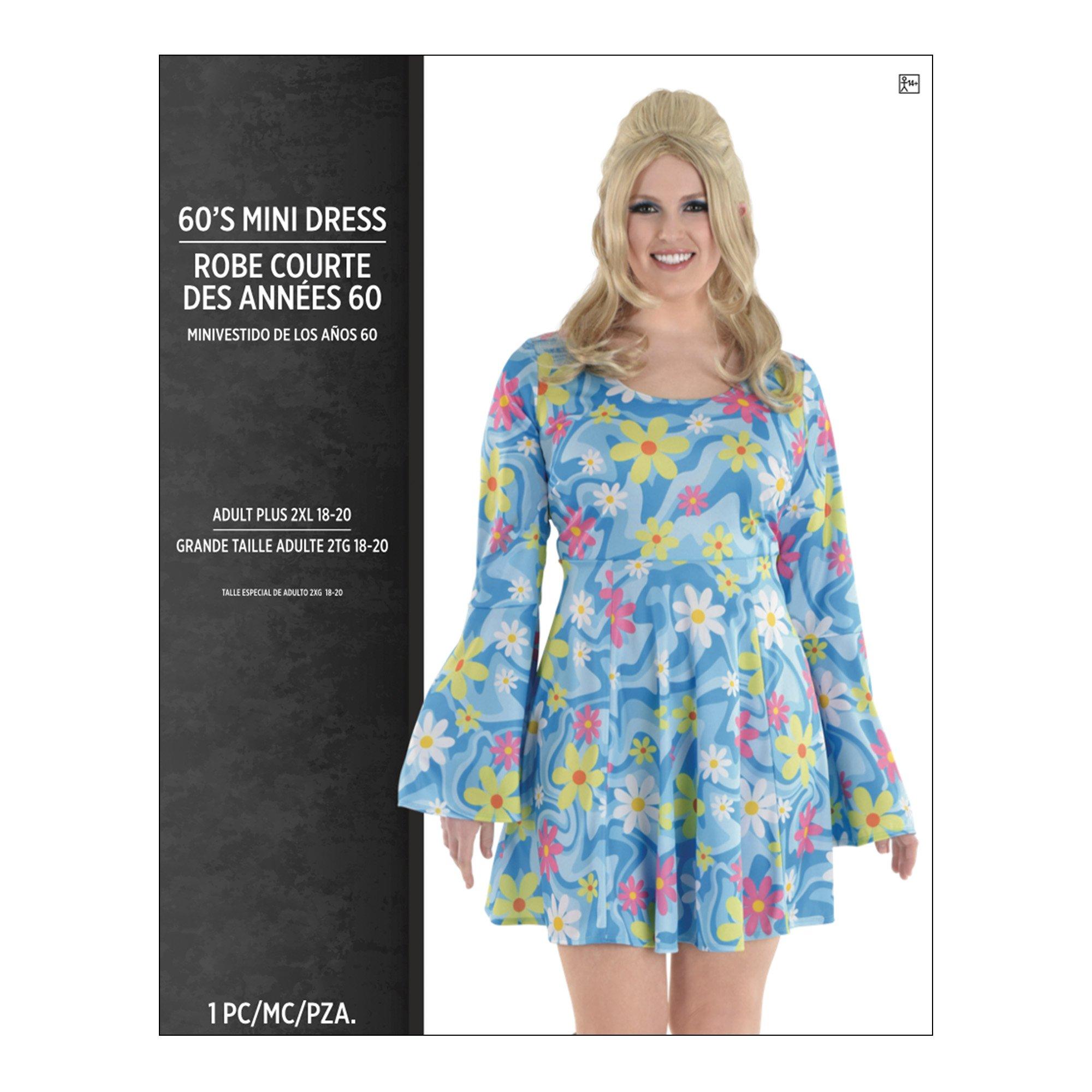 Adult 60s Flower Print Plus Size Mini Dress