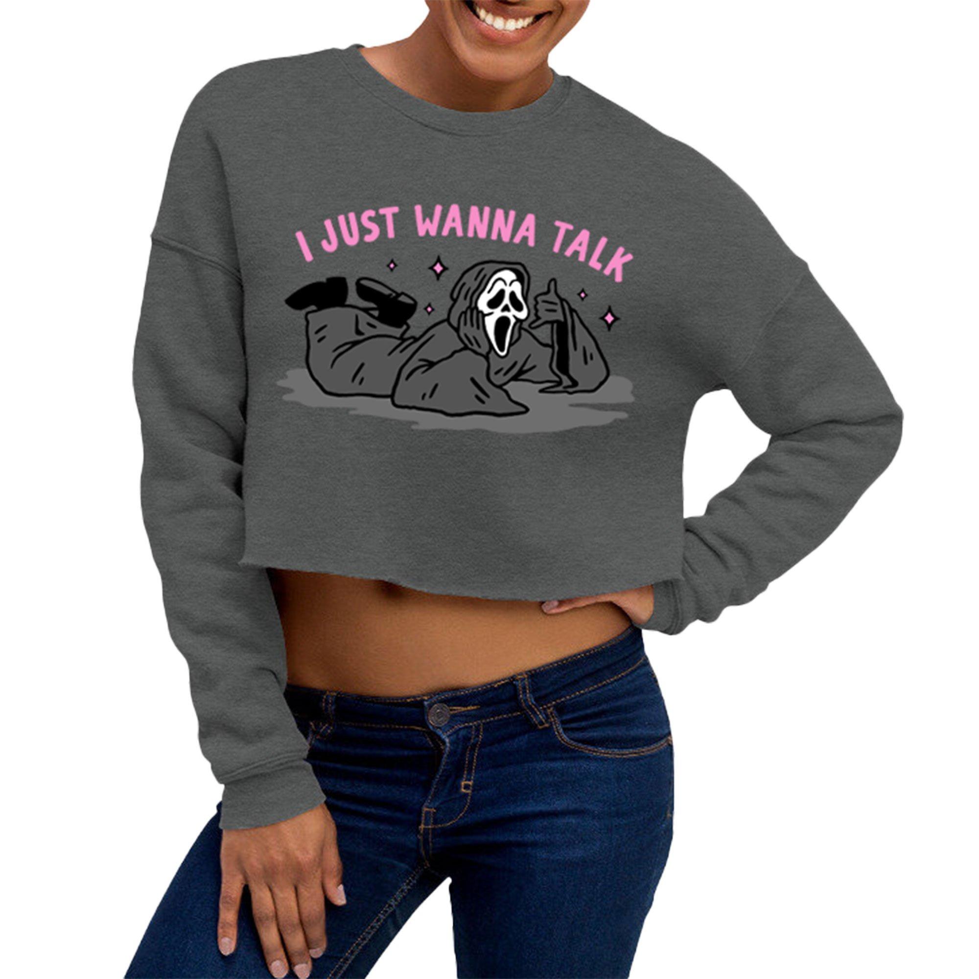 Adult Gray Ghostface Just Wanna Talk Cropped Crewneck Sweatshirt - Scream