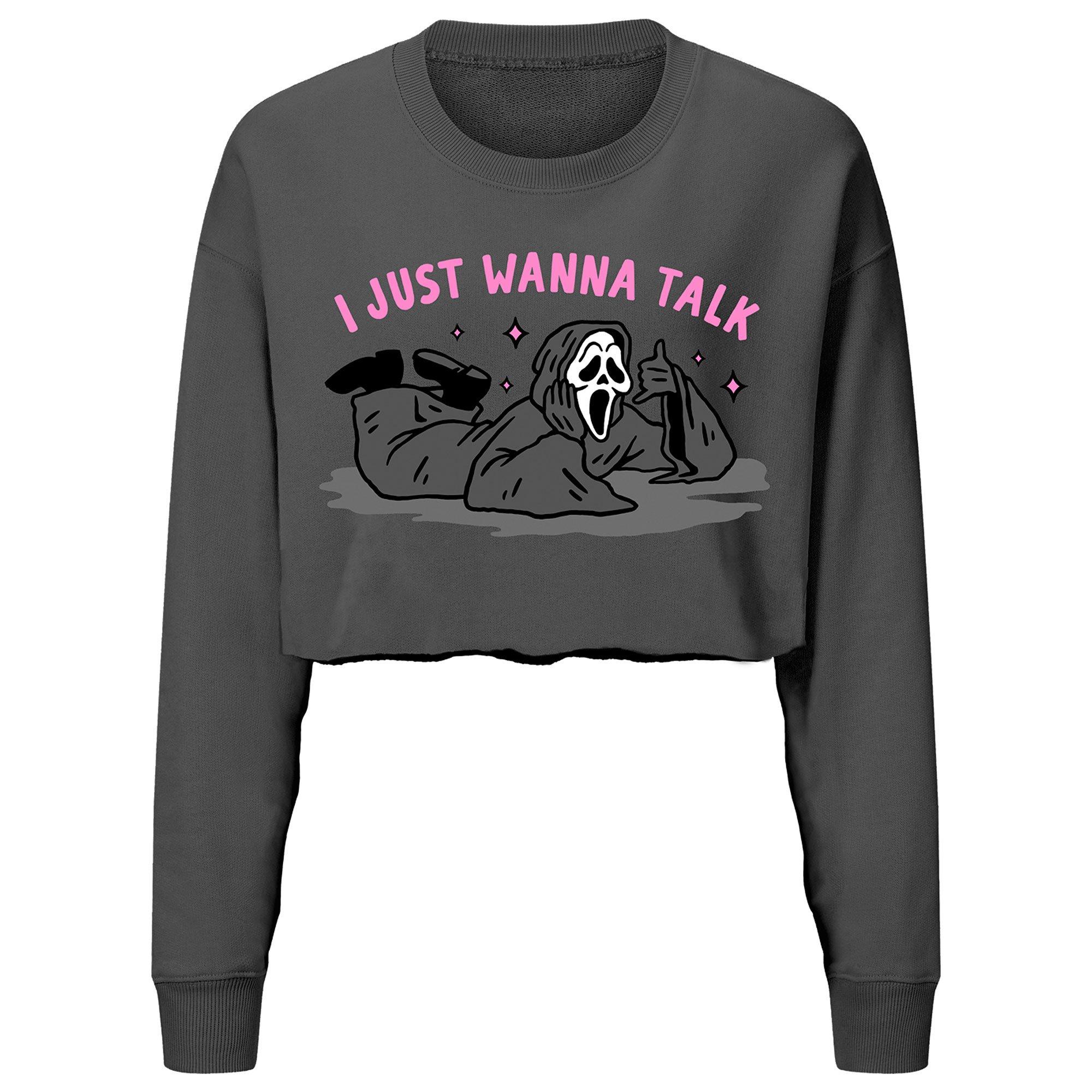 Adult Gray Ghostface Just Wanna Talk Cropped Crewneck Sweatshirt - Scream