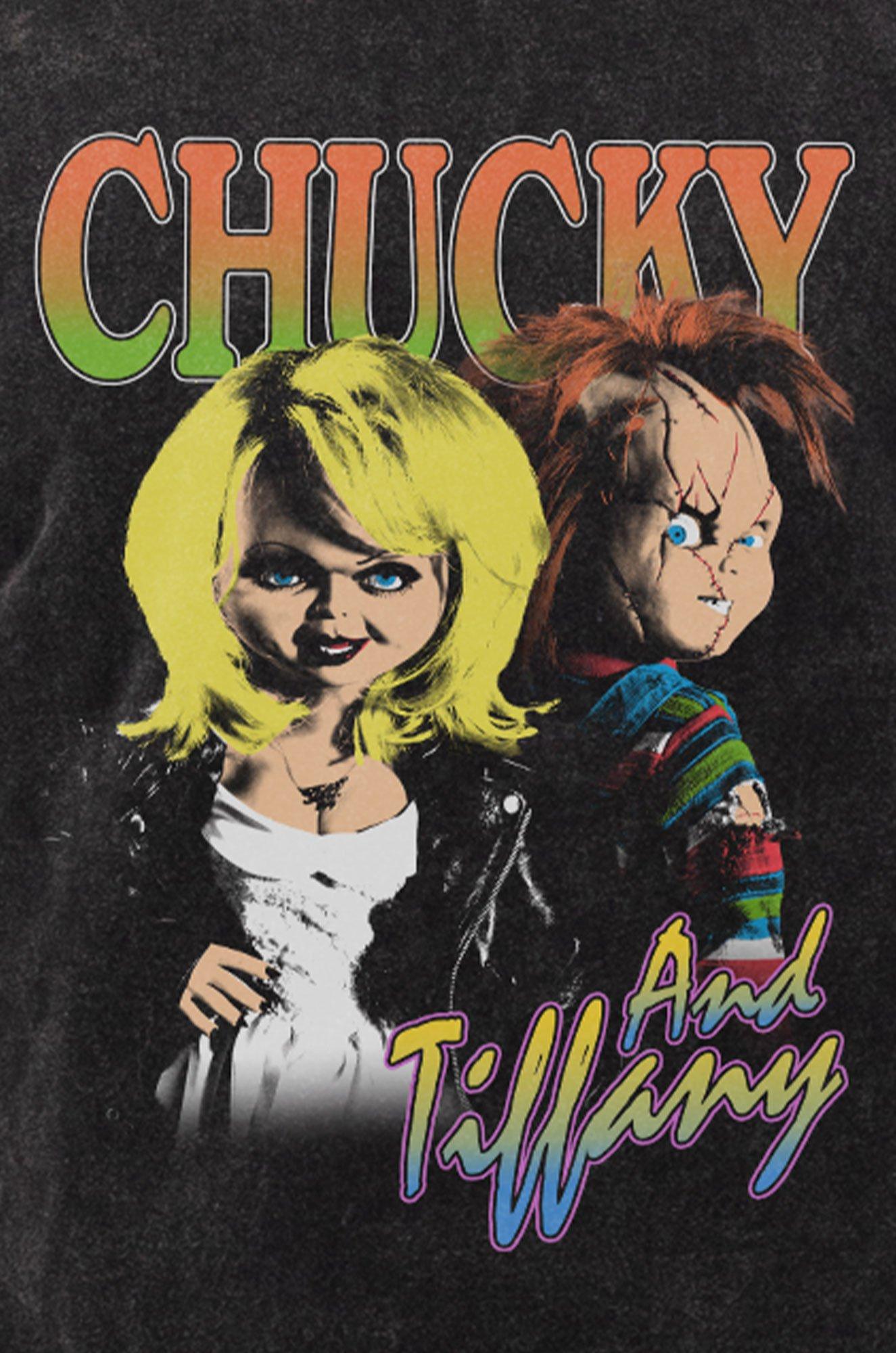 Adult Black Acid Wash Chucky & Tiffany Cotton T-Shirt - Bride of Chucky