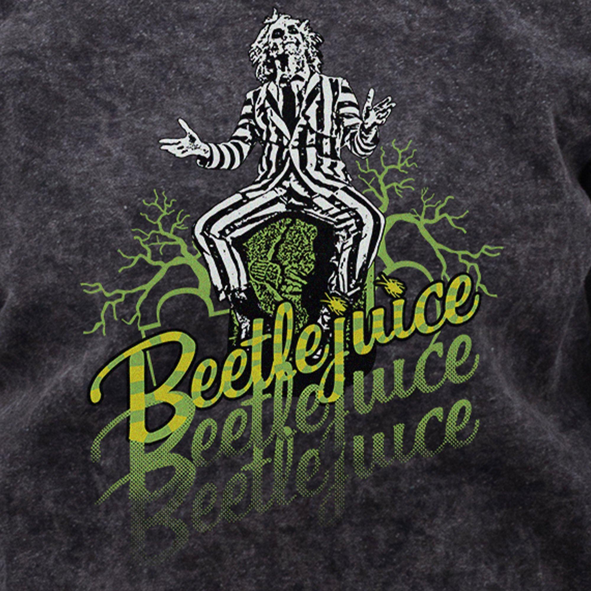 Adult Black Acid Wash Beetlejuice on Headstone Crewneck Sweatshirt