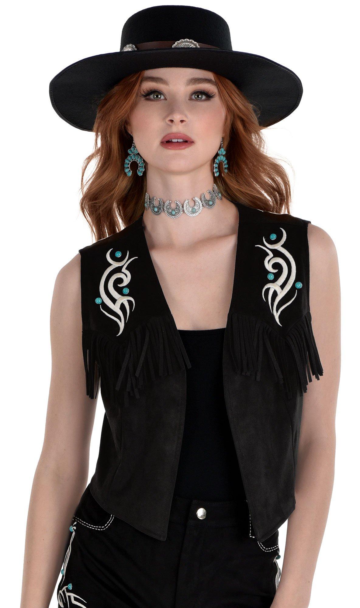 Adult Black Faux Suede Fringe Cowgirl Vest