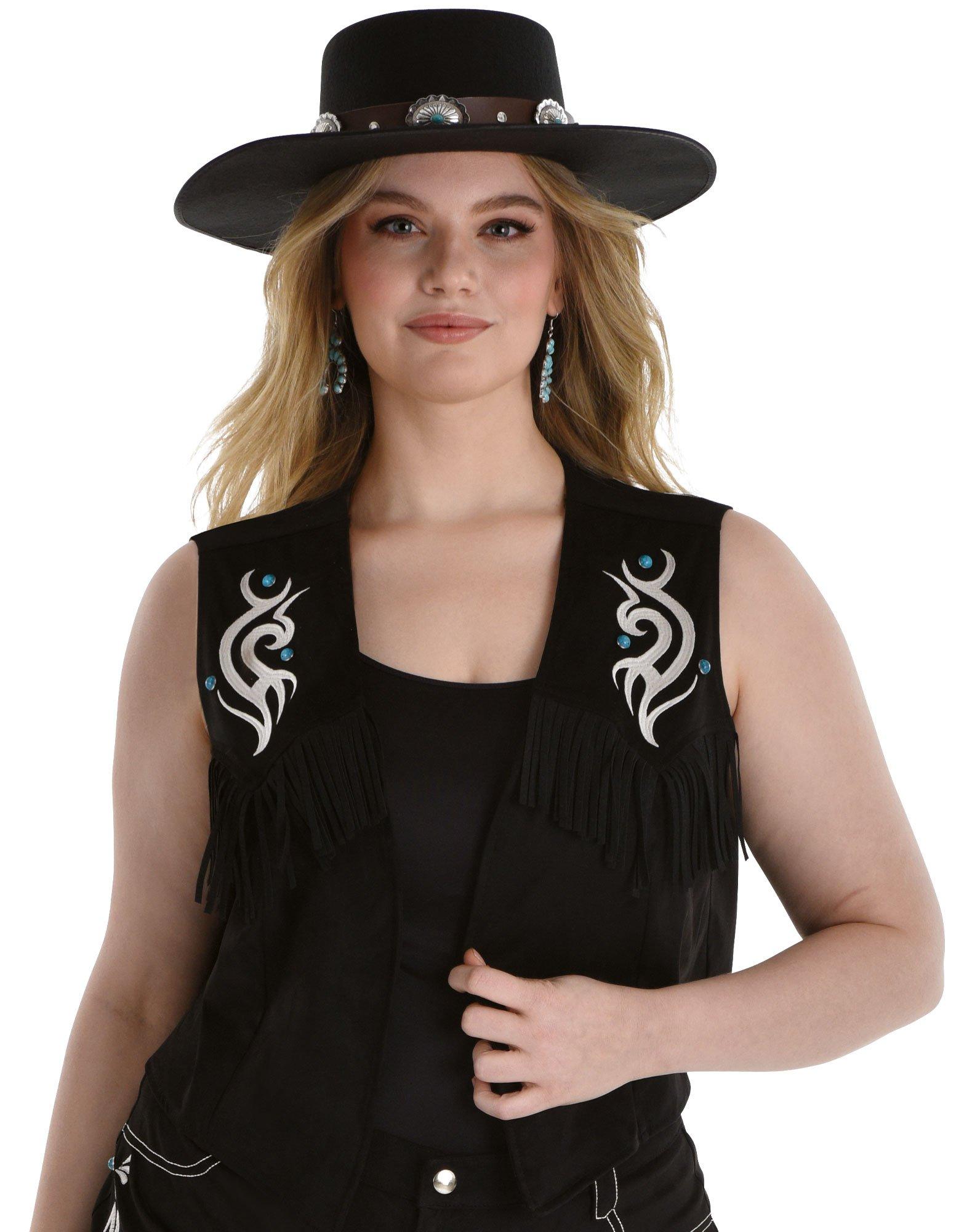 Adult Black Faux Suede Fringe Plus Size Cowgirl Vest