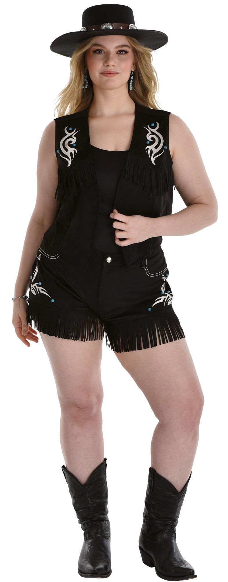 Adult Black Faux Suede Fringe Plus Size Cowgirl Vest