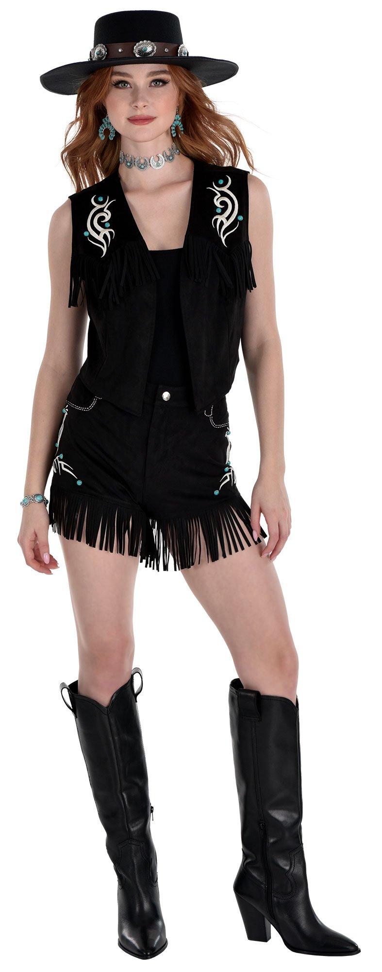 Adult Black Faux Suede Fringe Cowgirl Shorts