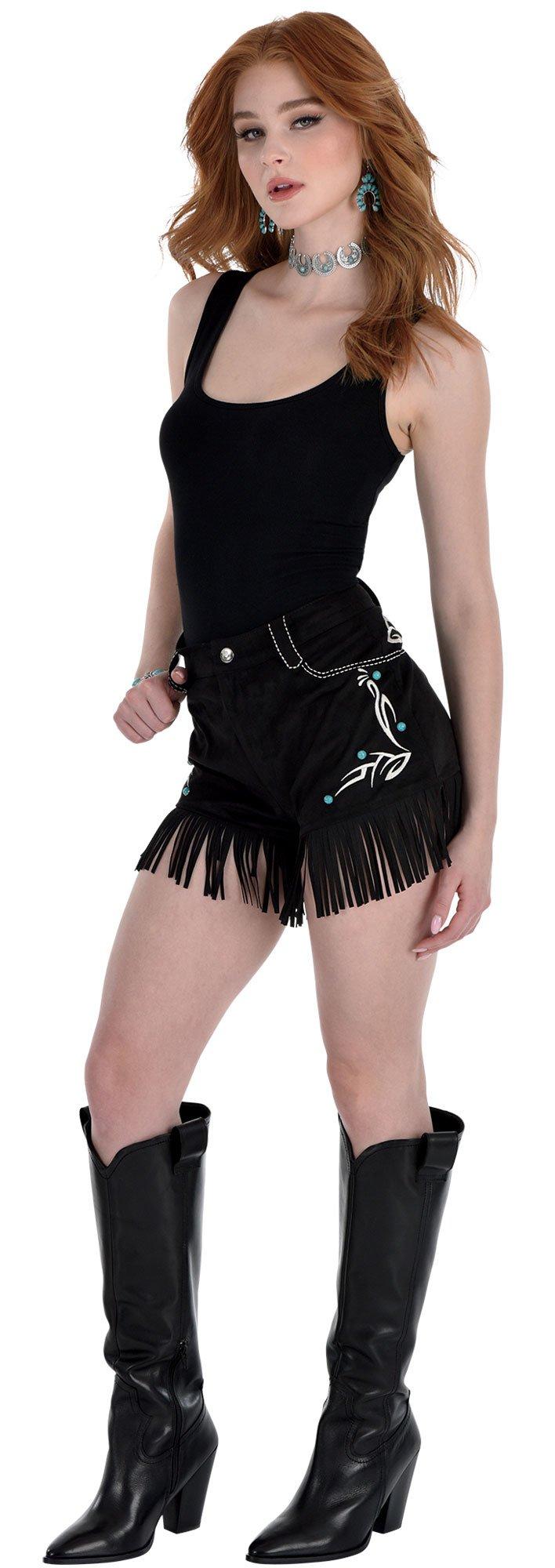 Adult Black Faux Suede Fringe Cowgirl Shorts