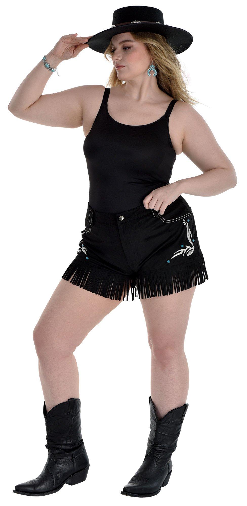 Adult Black Faux Suede Fringe Plus Size Cowgirl Shorts