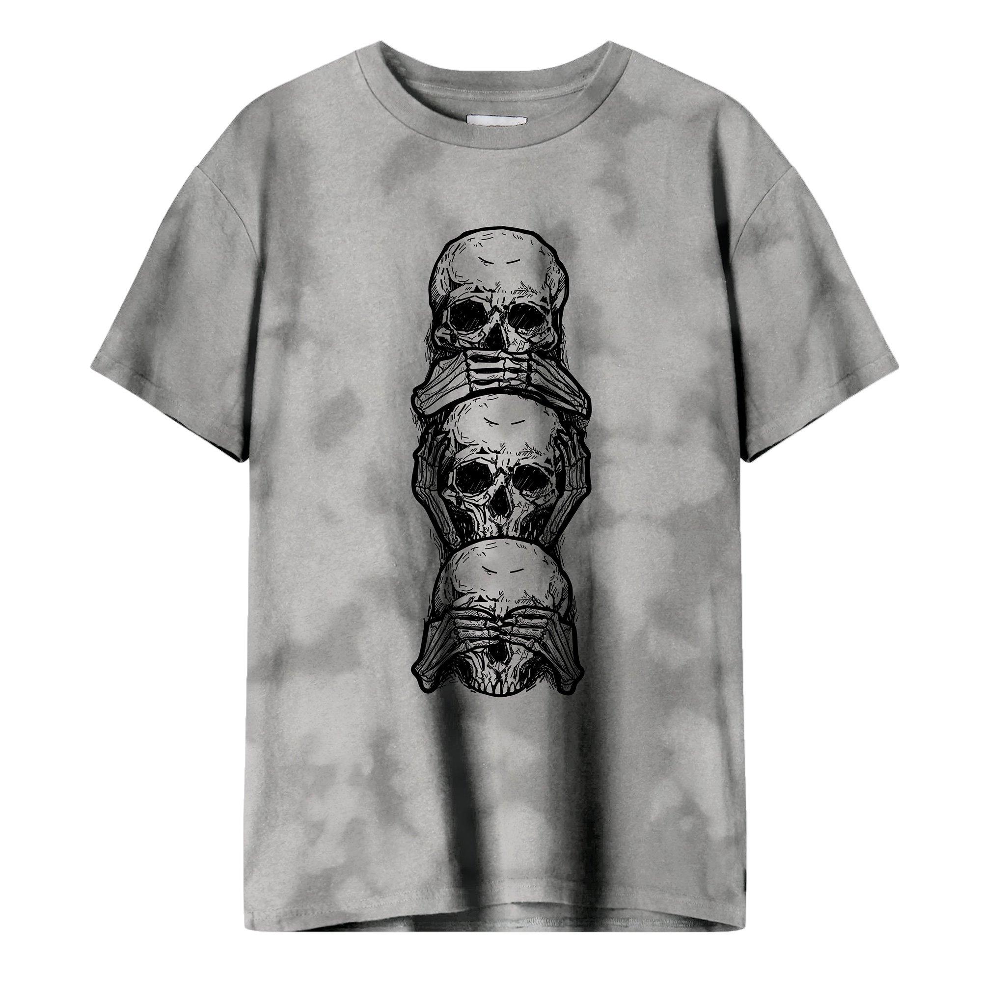 Adult Gray Crystal Wash Three Wise Skulls T-Shirt