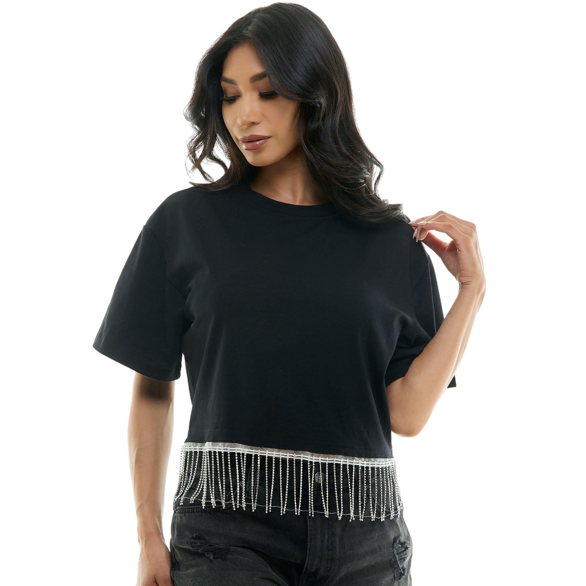 Black Crop Top T-Shirt with Rhinestone Fringe