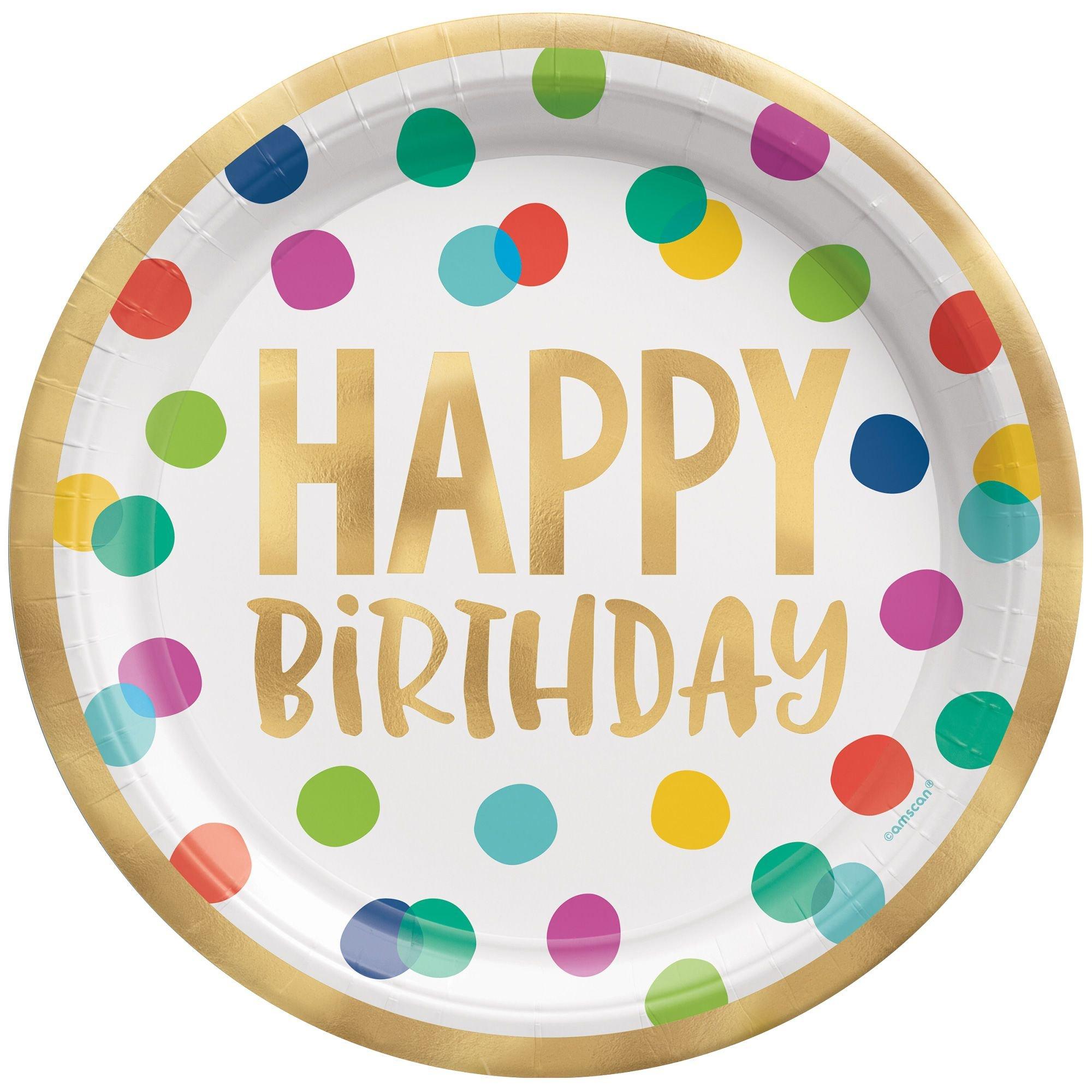 Multicolor & Metallic Gold Happy Dots Birthday Dinner Plates, 10.5in, 8ct