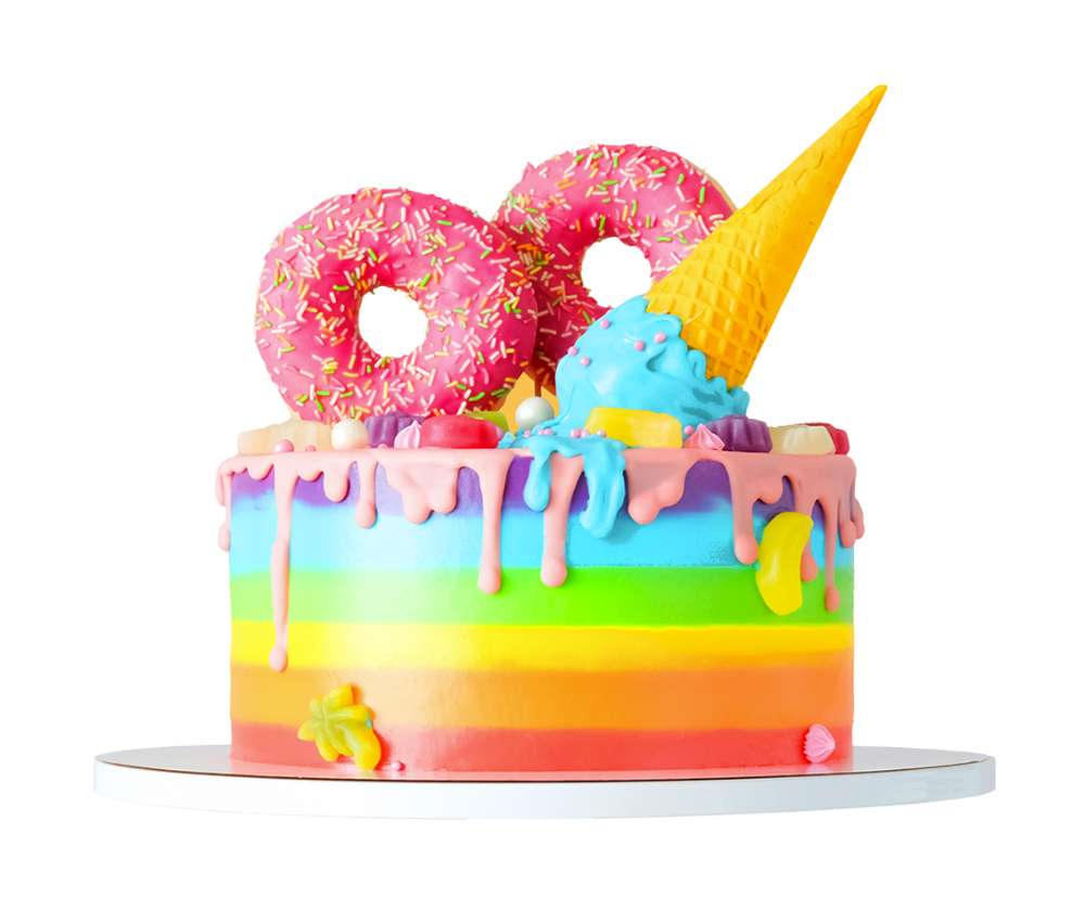 Brightly decorated rainbow cake with two pink sprinkle donuts and an upside down ice cream cone decoration on top