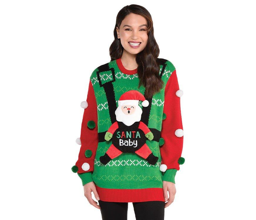 Young women in a ugly Christmas sweater Santa Baby