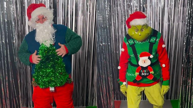 Ugly Christmas sweaters on Santa and the Grinch