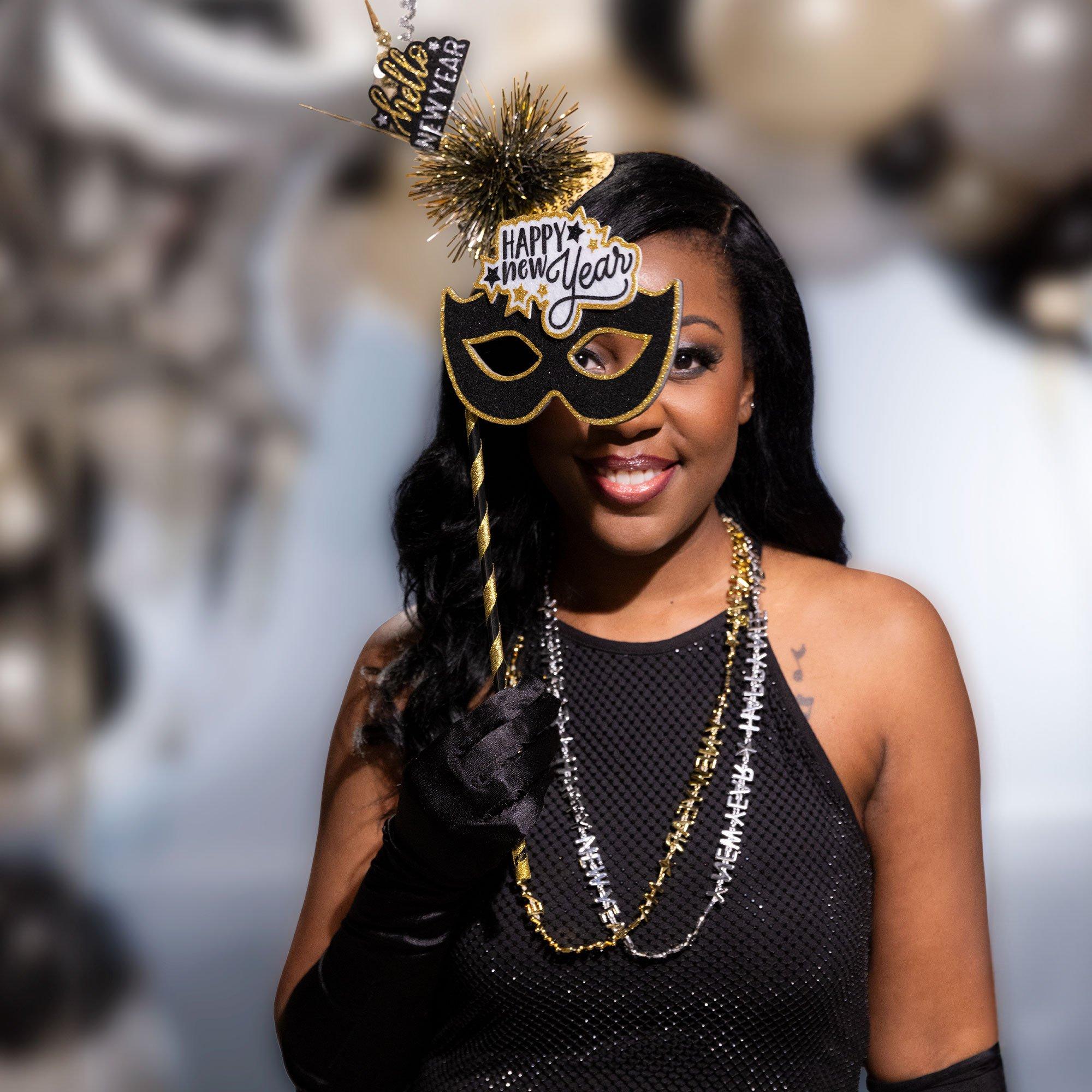 Black, Silver & Gold Hello New Year Tinsel & Plastic Fascinator