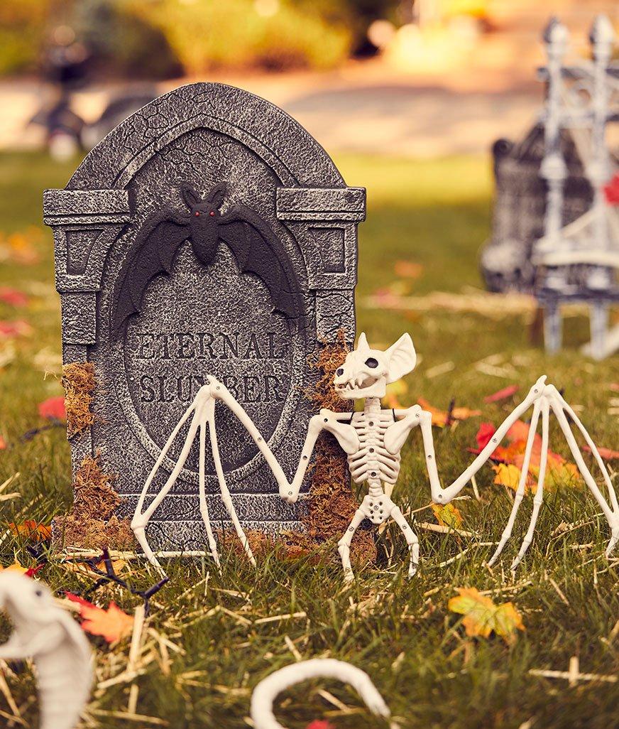 Outdoor Halloween Deco Tombstone and Bat Skeleton