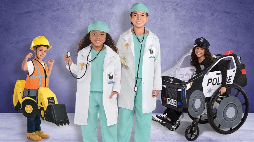 Kids in Career-Based costumes, like a police officer, doctor and construction digger