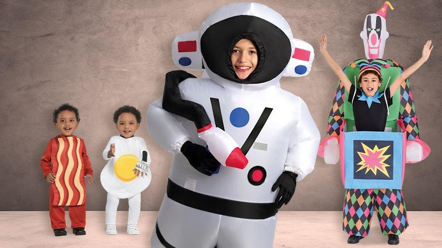 Fun kids costumes, an inflatable astronaut, toddlers twins as bacon and eggs, and and inflatable Jack in the Box