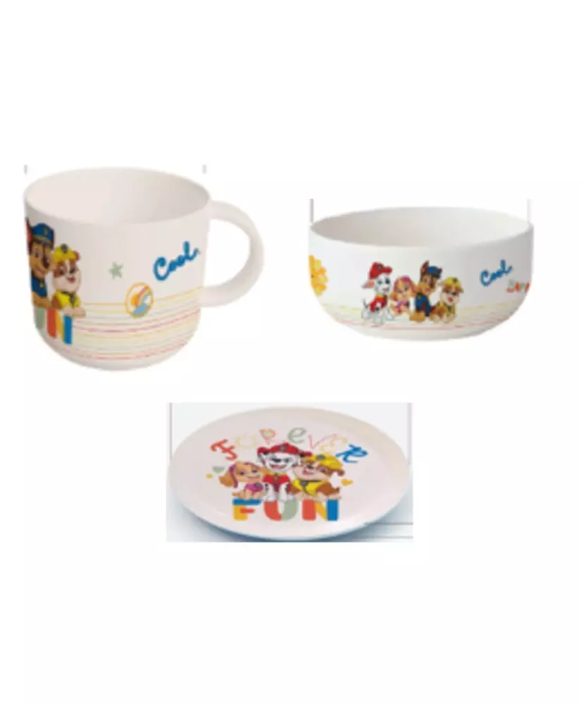 Pepco kids' dinner set featuring colorful cartoon characters. Includes a mug, bowl, and plate with playful designs.