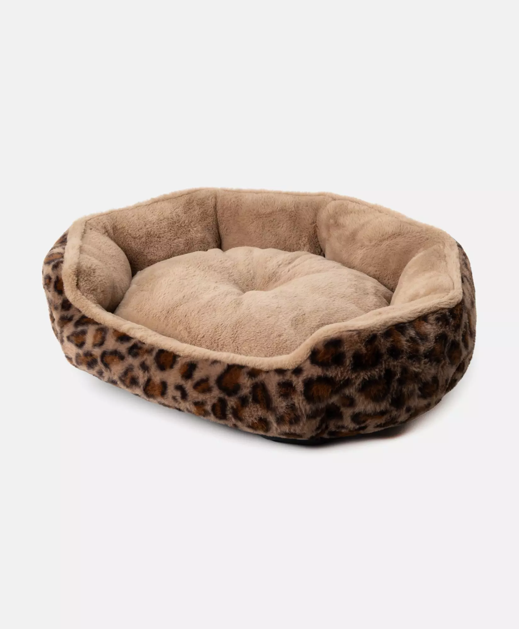 Pepco plush pet bed with leopard print exterior and beige cushioned interior.