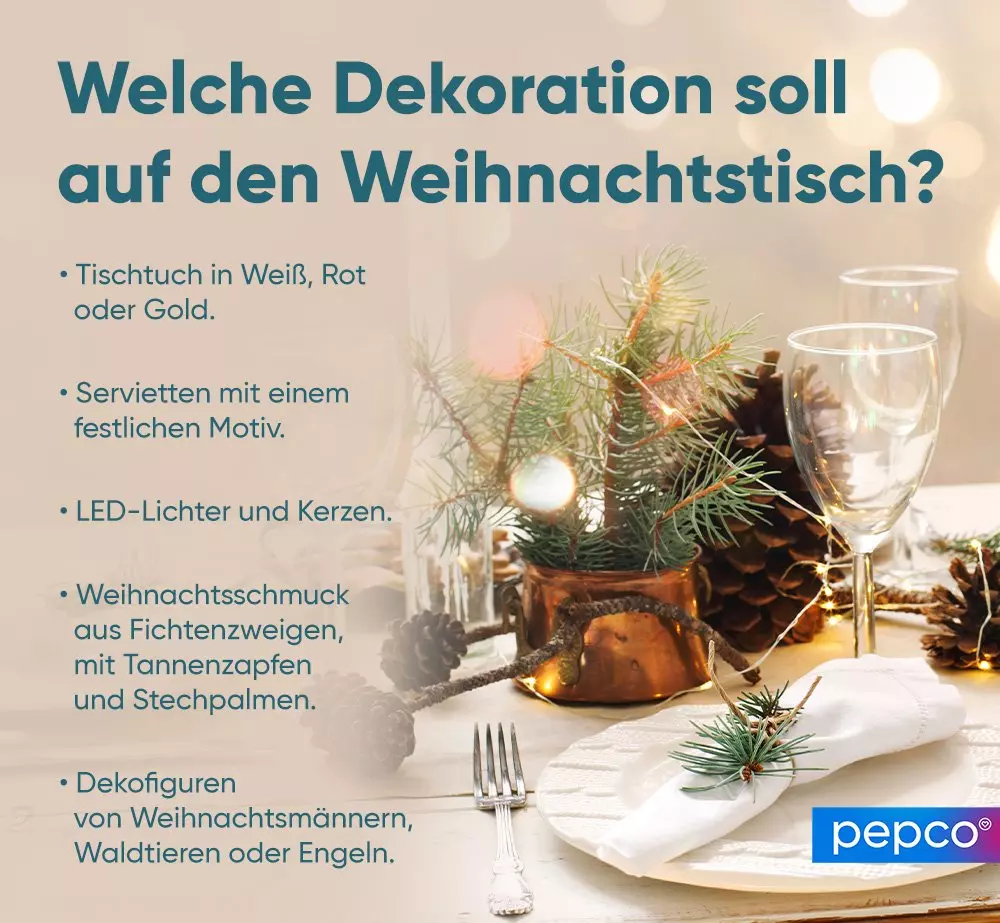 Pepco Weihnachtstisch-Dekotipps mit festlich gedecktem Tisch, Tannenzweigen, Tannenzapfen und Gläsern neben Textvorschlägen.