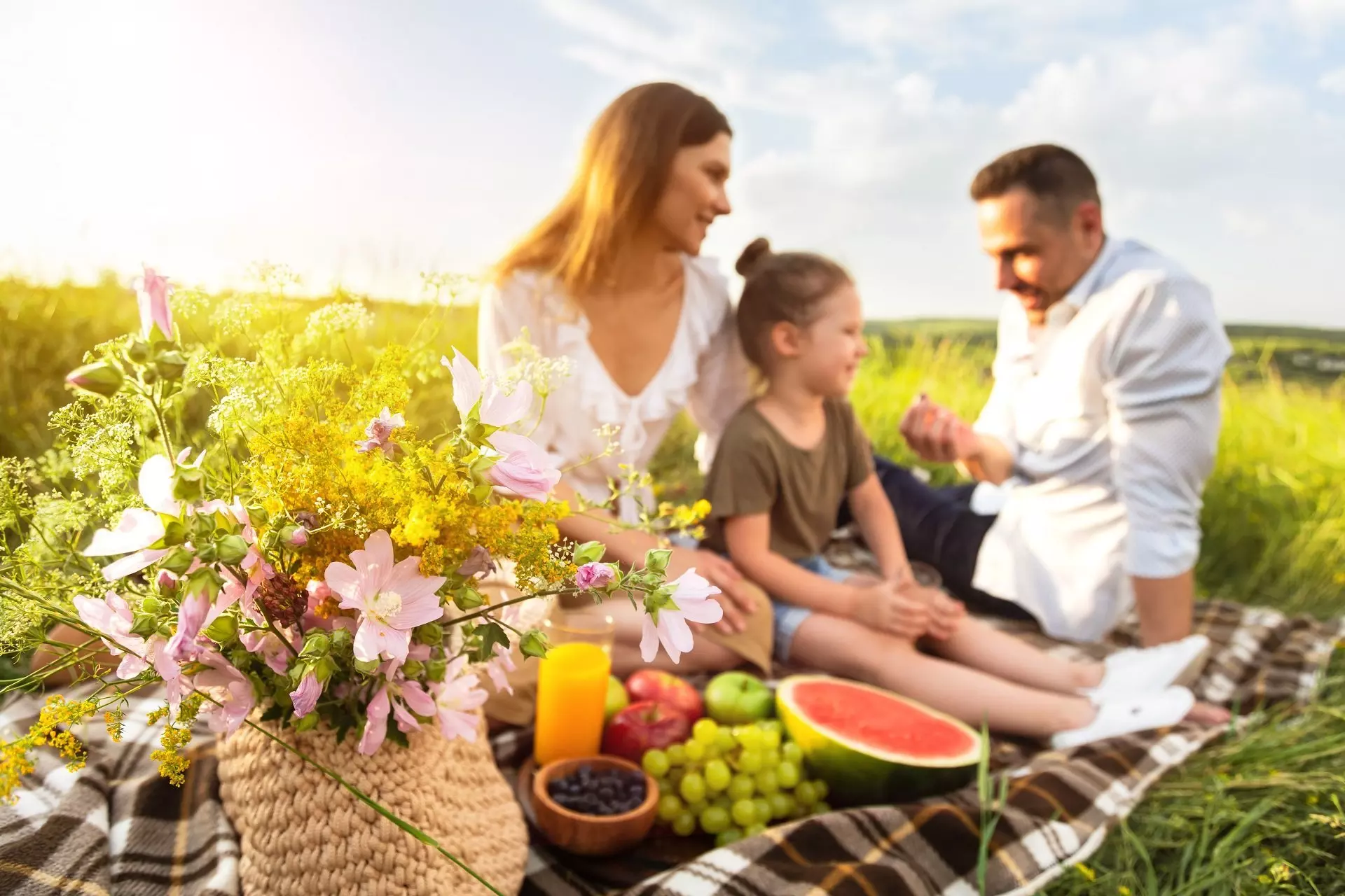 Family enjoying Pepco summer picnic with fresh fruits, flowers and juice on a plaid blanket in a sunny meadow.