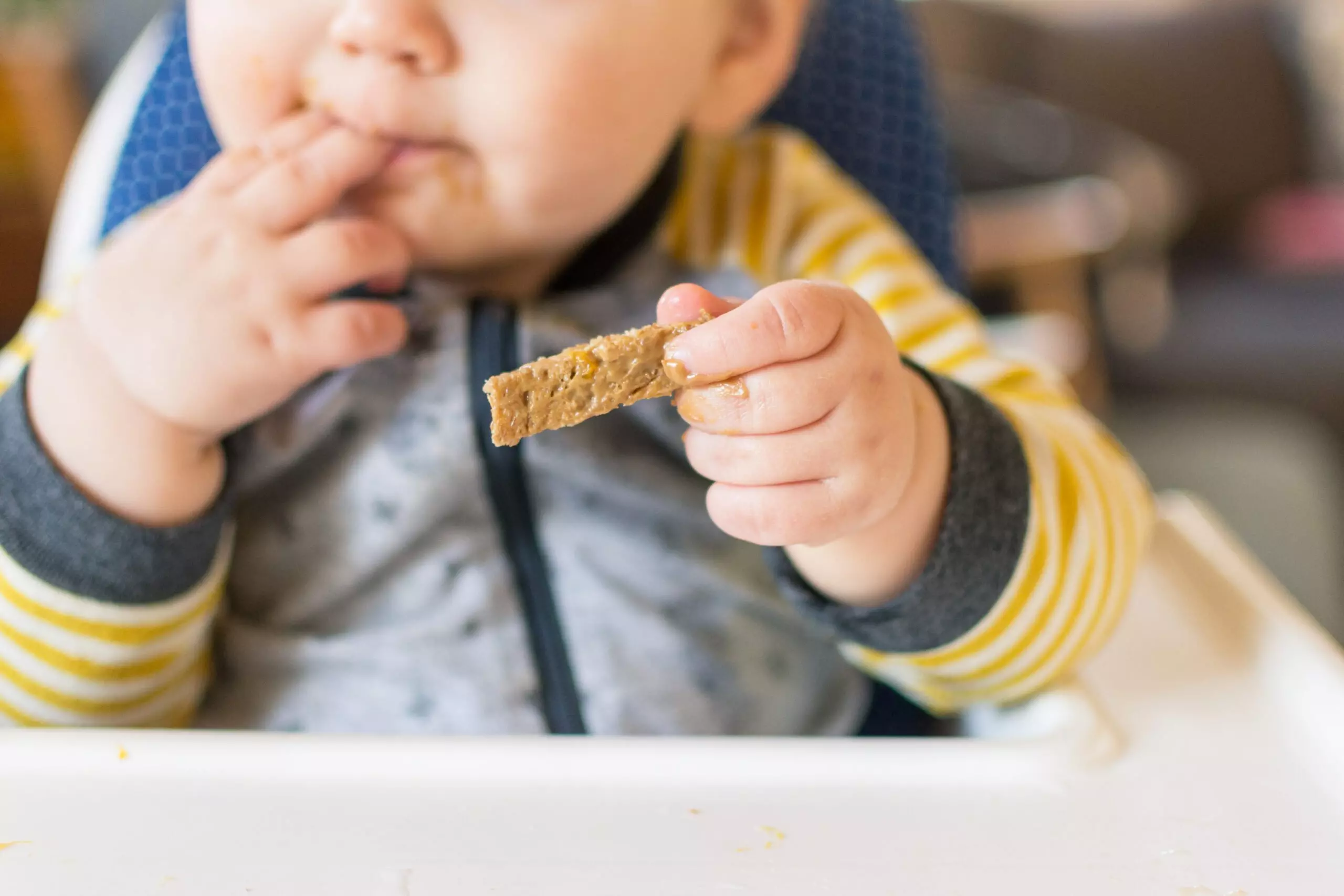 Baby in striped outfit holding a biscuit while sitting in Pepco feeding chair with blue bib.