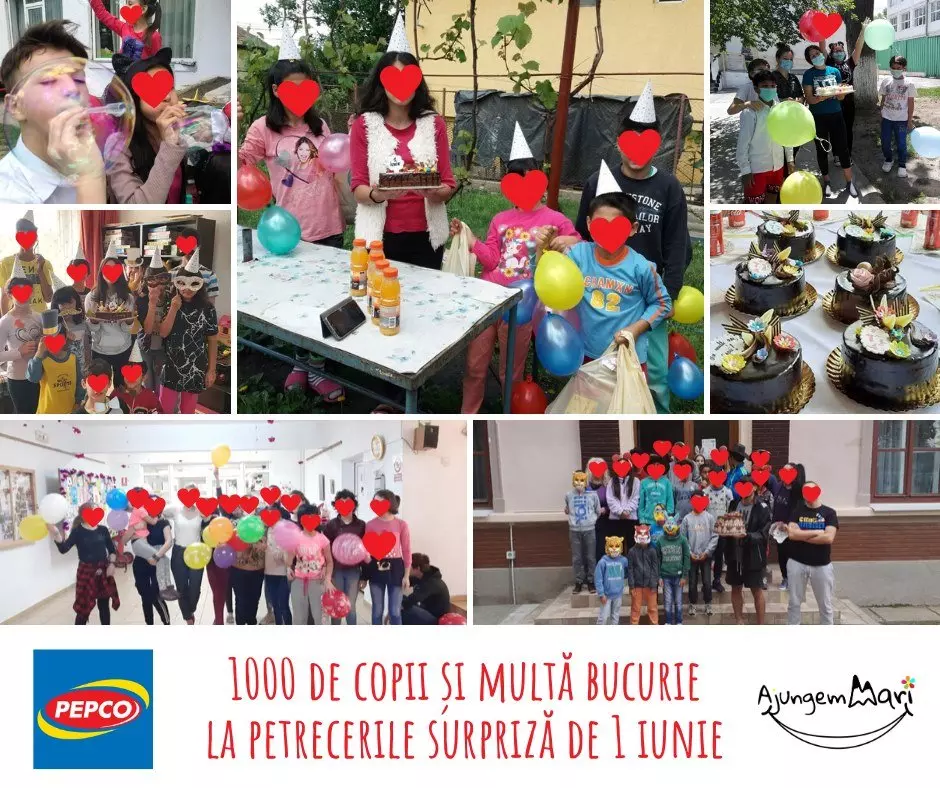 Colaj de fotografii cu copii sărbătorind la petreceri cu baloane colorate, tort și prăjituri.