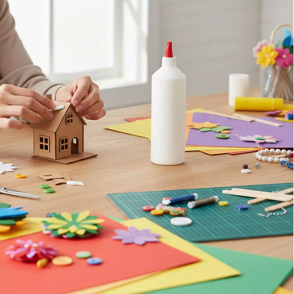 Osoba tworzy miniaturowy domek z artykułami kreatywymi Pepco - biały klej, kolorowe papiery i ozdoby na drewnianym stole.