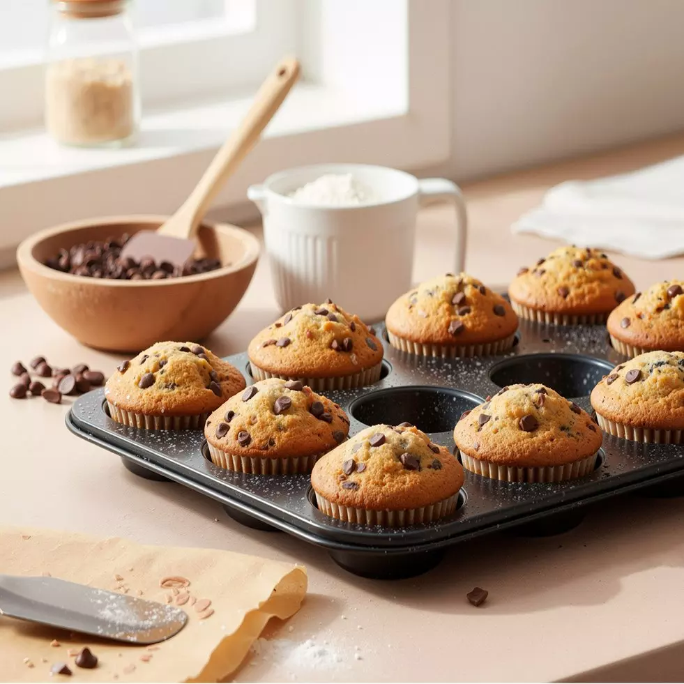 Świeżo upieczone muffinki z kawałkami czekolady w formie do pieczenia Pepco, obok miska z czekoladą i dzbanek z mąką.