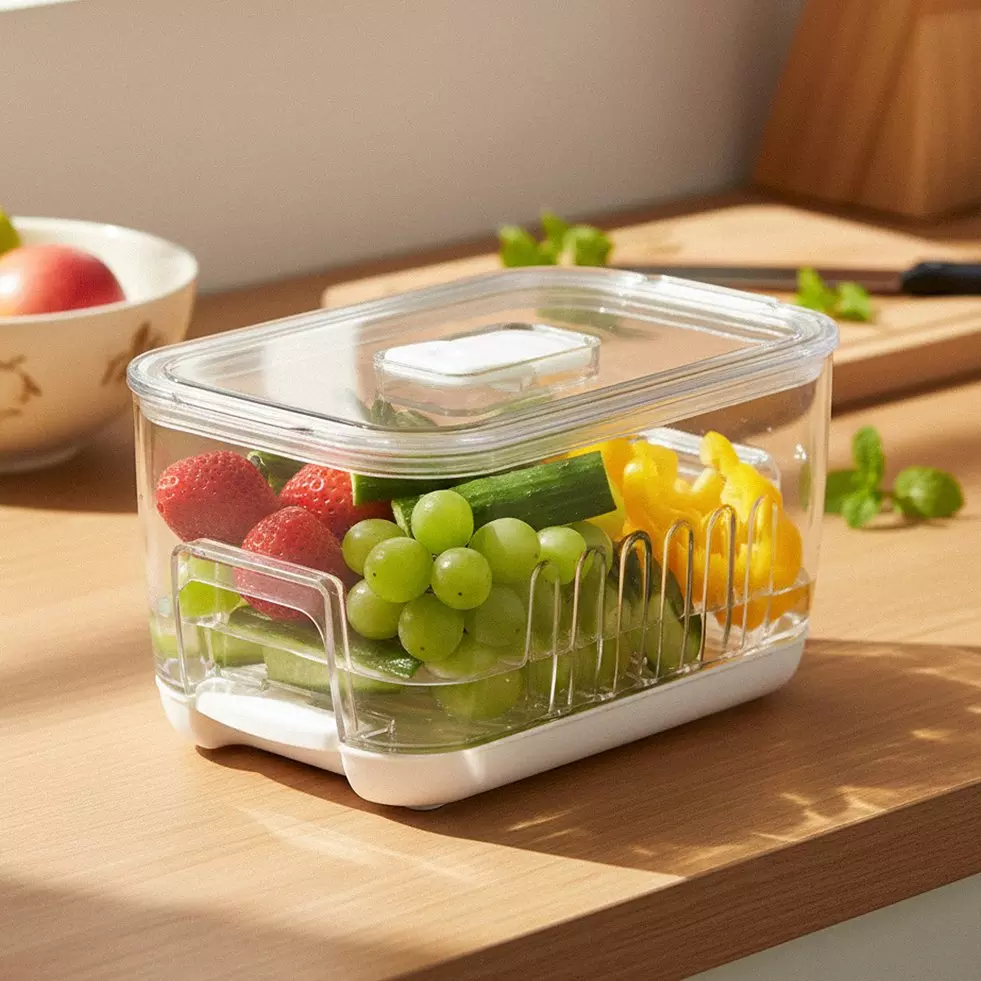 Przezroczysty pojemnik Pepco z przegródkami na żywność, wypełniony truskawkami, winogronami, ogórkiem i papryką, stojący na drewnianym blacie.