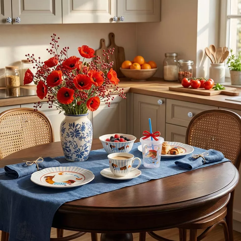 Kitchen table set with decorative tableware, red poppies in blue floral vase, and breakfast items.