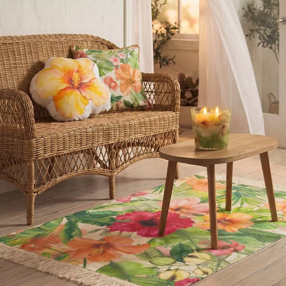 Wicker sofa with tropical floral cushions next to wooden side table with lit candle on floral rug.