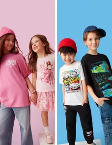Children wearing casual fashion - pink Barbie outfits for girls on left and graphic t-shirts with caps for boys on right.