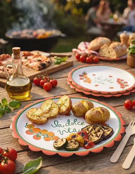 Prato Pepco com batatas assadas e legumes grelhados numa mesa de exterior com azeite e tomates cherry.